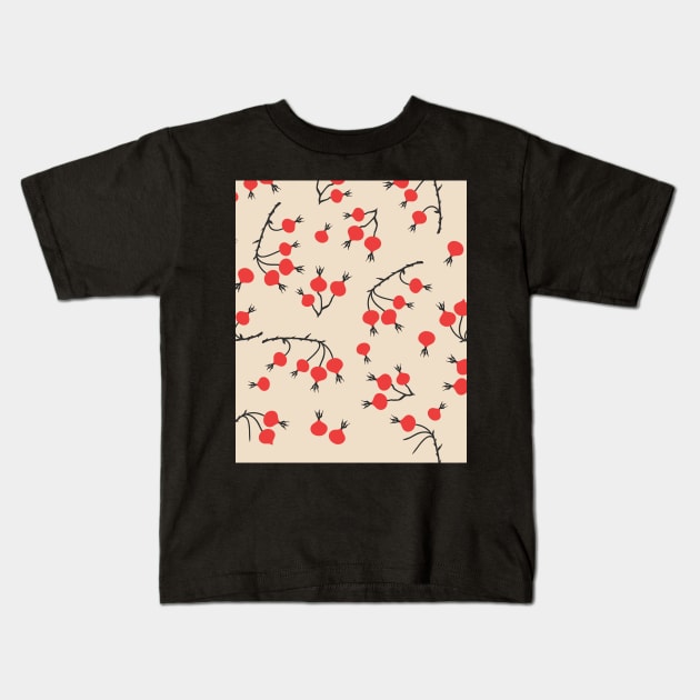 Rose Hips Branches Seamless Pattern Kids T-Shirt by FaelynArt